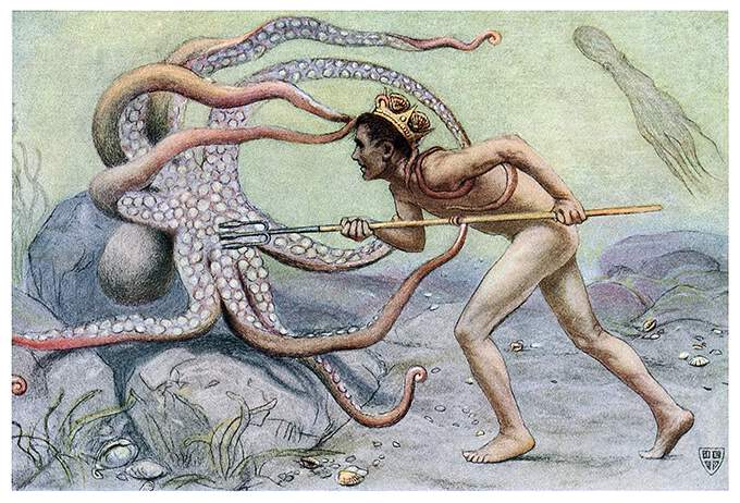 Neptune fights an octopus with his trident