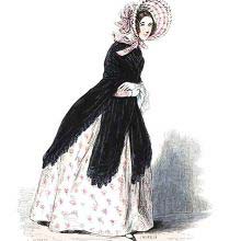 Full-length portrait of a young woman wearing a black shawl and a poke bonnet