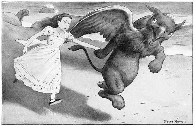 The Gryphon takes Alice by the hand and runs off with her along a beach