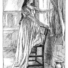 A young woman in a nightdress leans on a chair to look out of the window