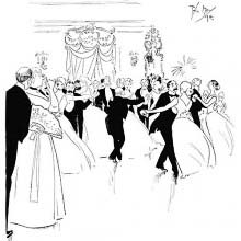 Guests at a ball are engaged in a dance, forming some ill-matched couples