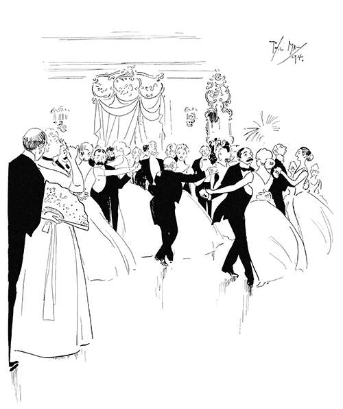 Guests at a ball are engaged in a dance, forming some ill-matched couples