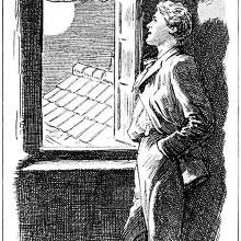 A young man stands by an open window in an upstairs room looking at the moon