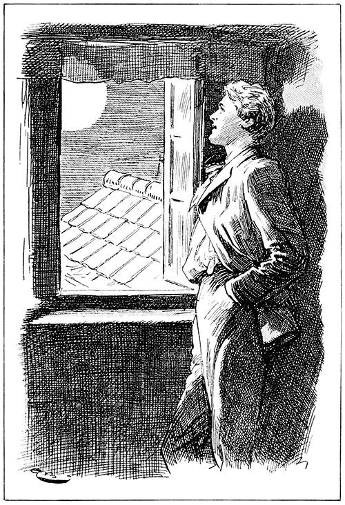 A young man stands by an open window in an upstairs room looking at the moon