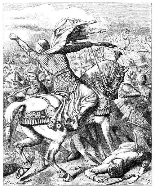 A man on horseback is taking part in a battle and waving his fist