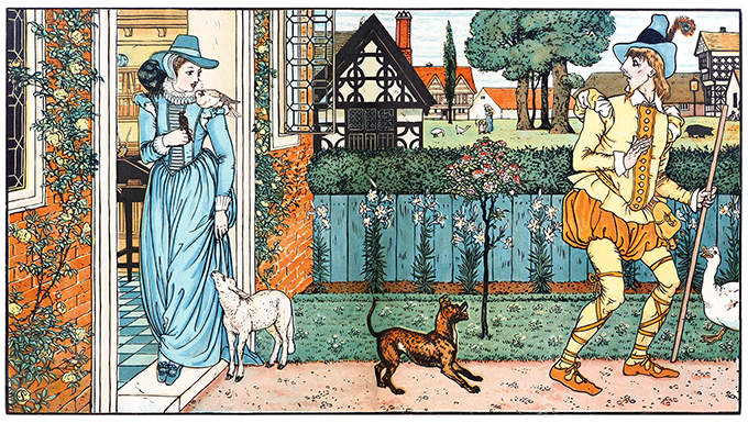 A woman stands on a doorstep as a man turns around on his way out in the alley