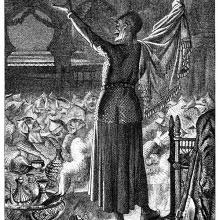 An exuberant demon stands on a tableat a banquet where the guests are dying