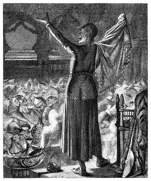 An exuberant demon stands on a tableat a banquet where the guests are dying