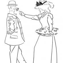 A playful flower seller sticks a flower under the nose of a thrilled passer-by