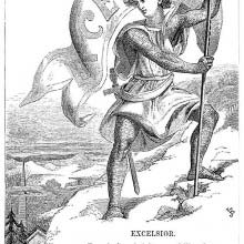 A young man stands on a mountain holding a banner which bears the word Excelsior