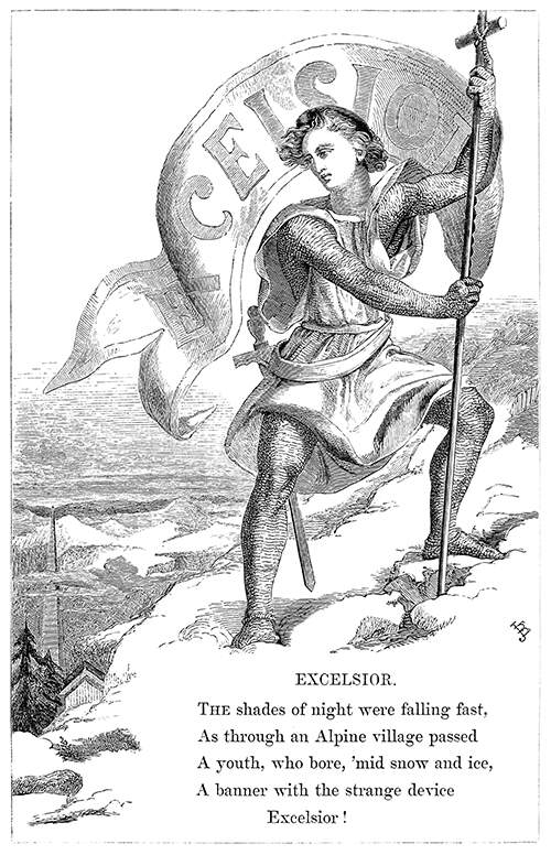 A young man stands on a mountain holding a banner which bears the word Excelsior