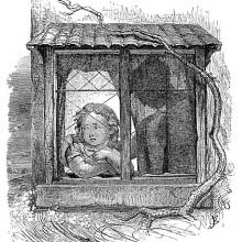 A child looks out of a window beside a woman silhouetted behind a light curtain
