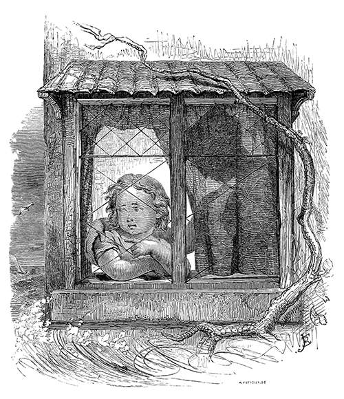 A child looks out of a window beside a woman silhouetted behind a light curtain
