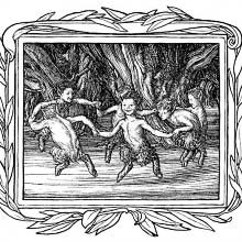 Six little fauns dance round in a circle in the woods
