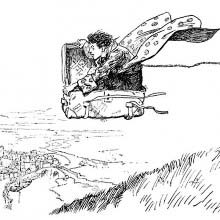 A boy flies over the countryside sitting in a trunk