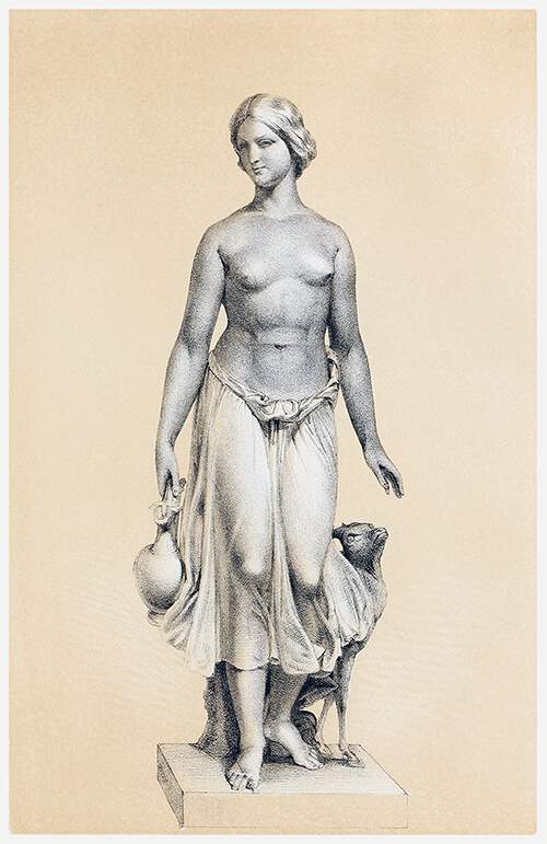 Young woman naked from the waist up carrying a pitcher with a goat at her side