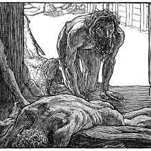 A skinny, bearded man crawls to the entrance of a cabin strewn with corpses