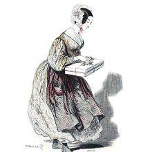 A young woman carries a package while looking sideways at the viewer