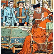 A woman stands before a judge sitting at his desk in a busy courtroom