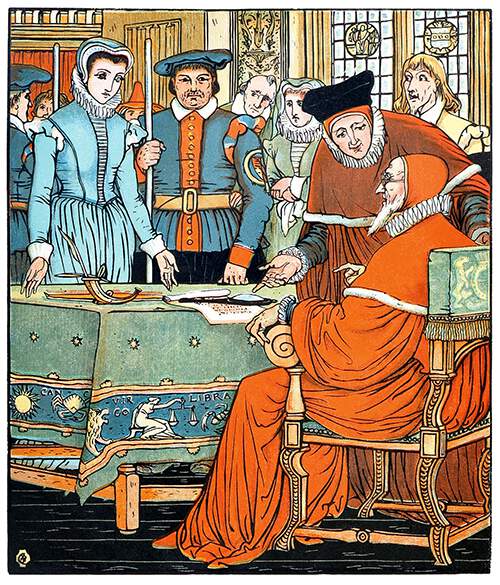 A woman stands before a judge sitting at his desk in a busy courtroom