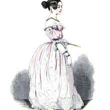 Depiction of a young lady in an evening dress, white gloves, and holding a fan
