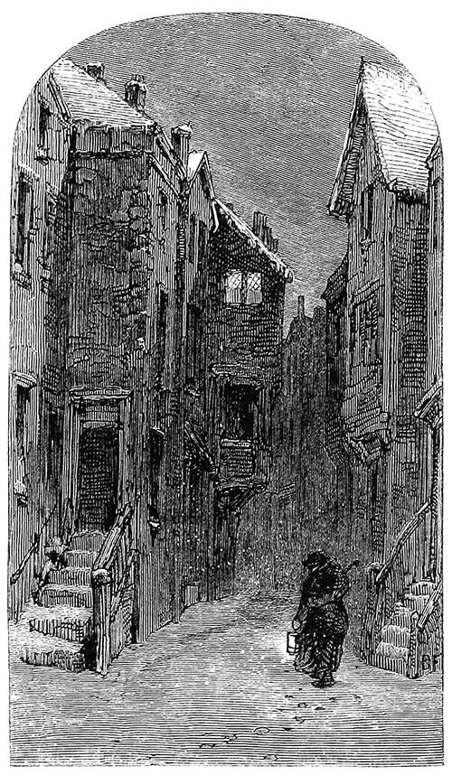 A man walks in the snow carrying a lantern along a narrow street