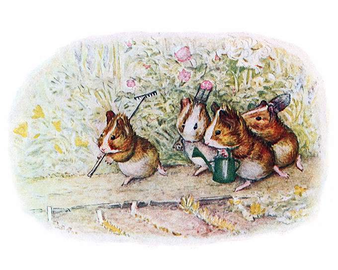 Four vole-like rodents walk down a garden path carrying gardening tools