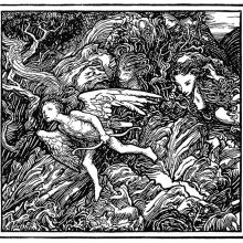 Cupid is running away in an eerie forest as female faces seem to pursue him