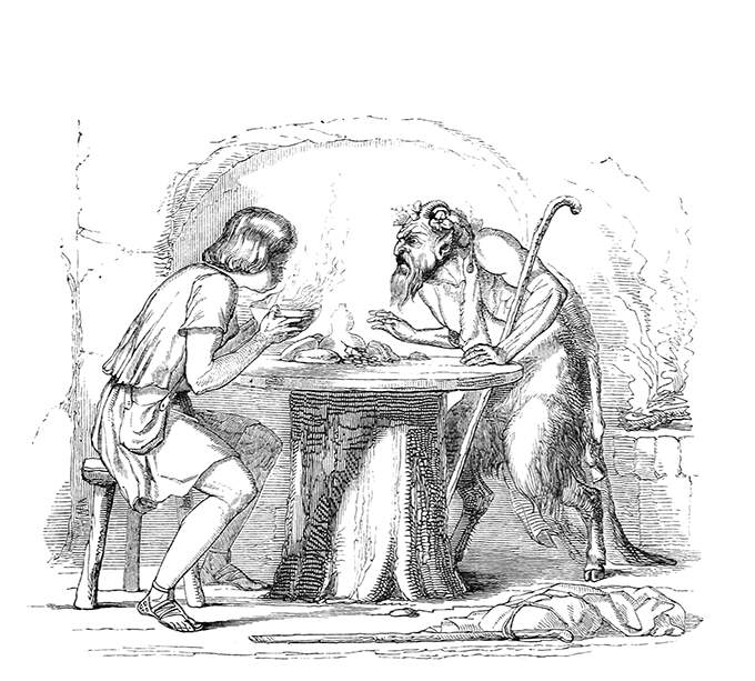 A man at a table blows in his bowl of food as a satyr stands opposite