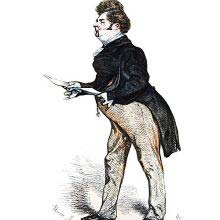 Depiction of a man wearing a tailcoat and holding a sheet of paper