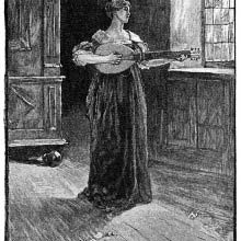 A woman stands playing the lute in a sparsely furnished room