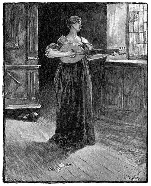A woman stands playing the lute in a sparsely furnished room