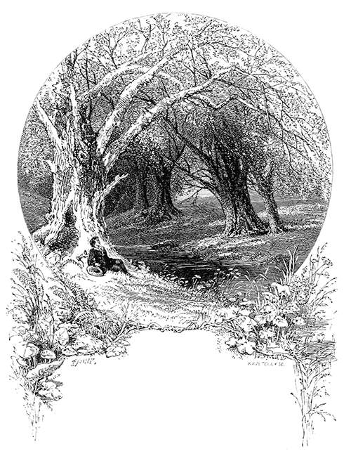 A young man sits reclining against a large dead tree on the bank of a brook