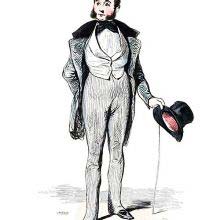A man with sideburns and dressed up to the nines holds a top hat in his hand