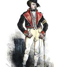 Portrait of a man in a hat, a frogged waistcoat, and a jacket with wide lapels