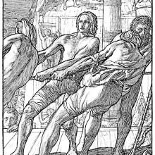 Men on a ship can be seen pulling on a rope