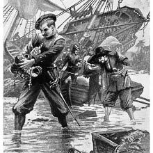 Soldiers are leaving a stranded ship with their arms filled with jewelry