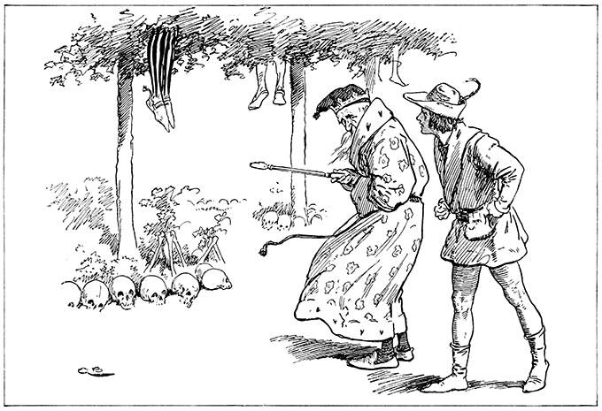 An old man shows a younger one around a garden with hanged people in the trees