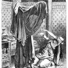 A man lifts the veil covering his face, causing the woman to sink to the ground