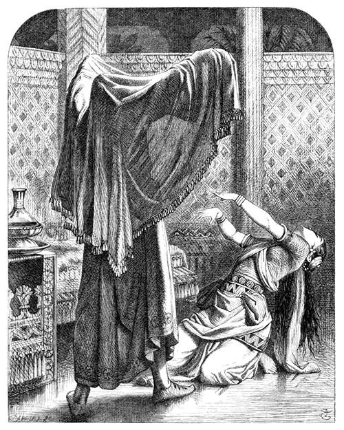 A man lifts the veil covering his face, causing the woman to sink to the ground