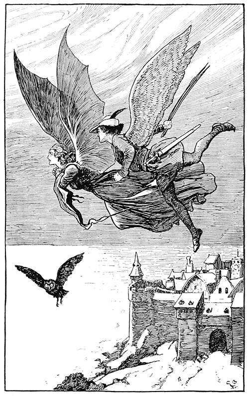 Winged male and female figures are flying over a castle and out to the open sea