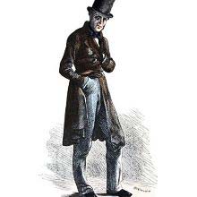 Full-length portrait of a tall and slim man in a worn top hat and redingote