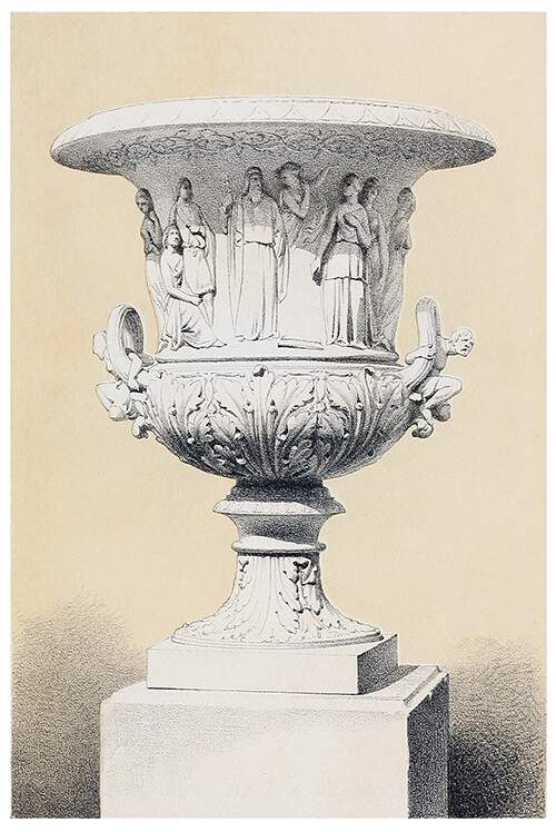 Terracotta vase with foliated ornaments and figures from The Tempest