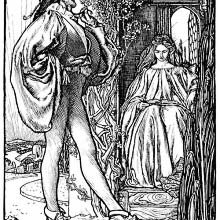 A man stands outside a bower where a woman sits reading as he plays the ladykiller