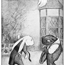 The White Rabbit worries about Alice's gigantic arm sticking out of a window