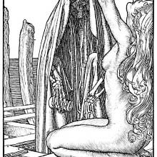 A skeleton wearing a hooded cloak stands before an exulting naked young woman