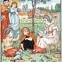 A girl sits outdoors, teaching other children to read