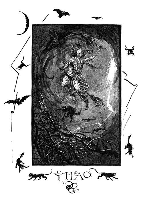 A witch rides a broom in a stormy sky surrounded by a devil and night creatures