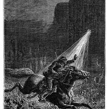 A man rides a galloping horse at night as a flash of light suddenly shines on him
