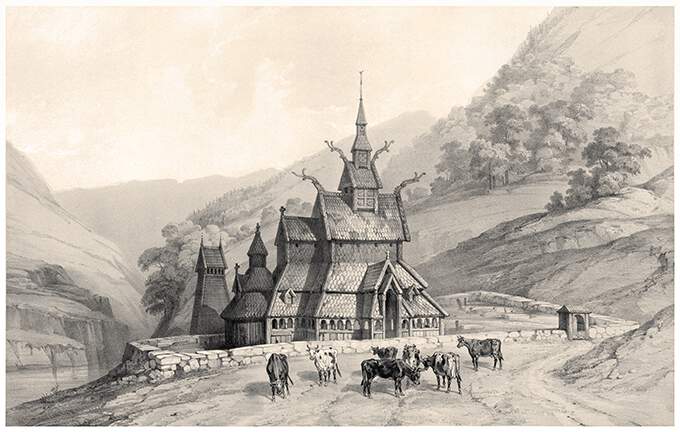 View of Borgund Stave Church with cows on the road in the forefront